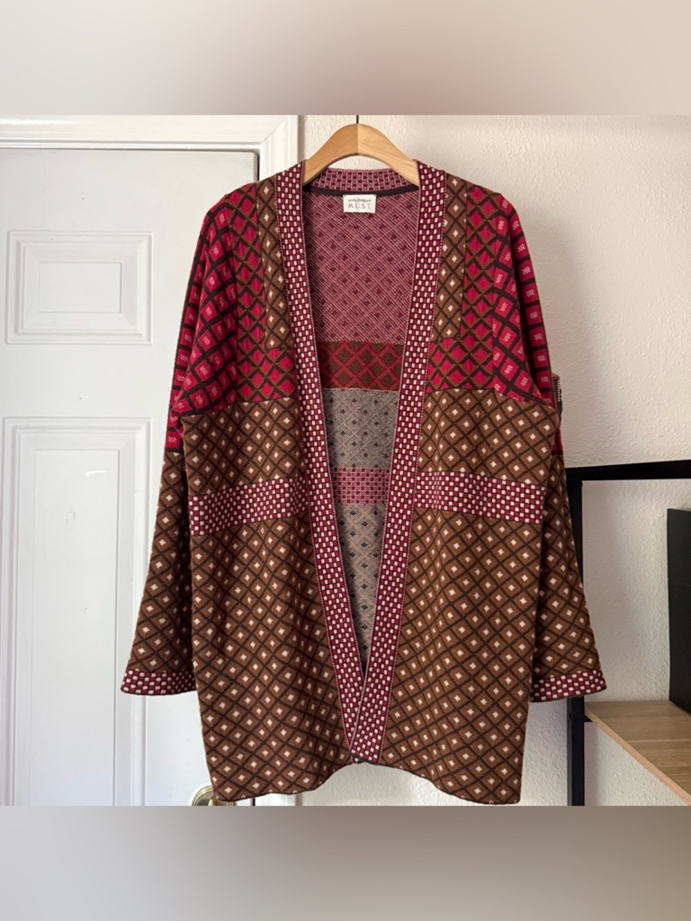 MALIPARMI red brown printed wool cashmere‎ patchwork long line cardigan sweater